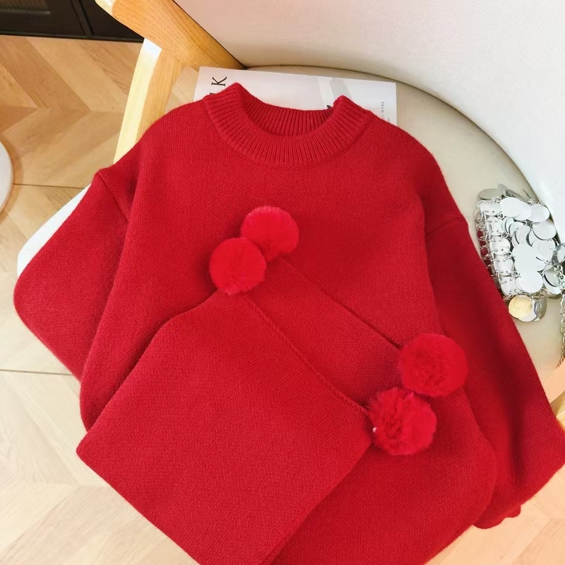 Red winter scarves loose sweater for women