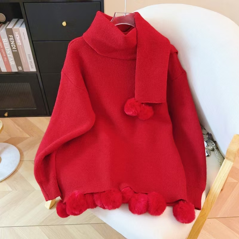 Red winter scarves loose sweater for women