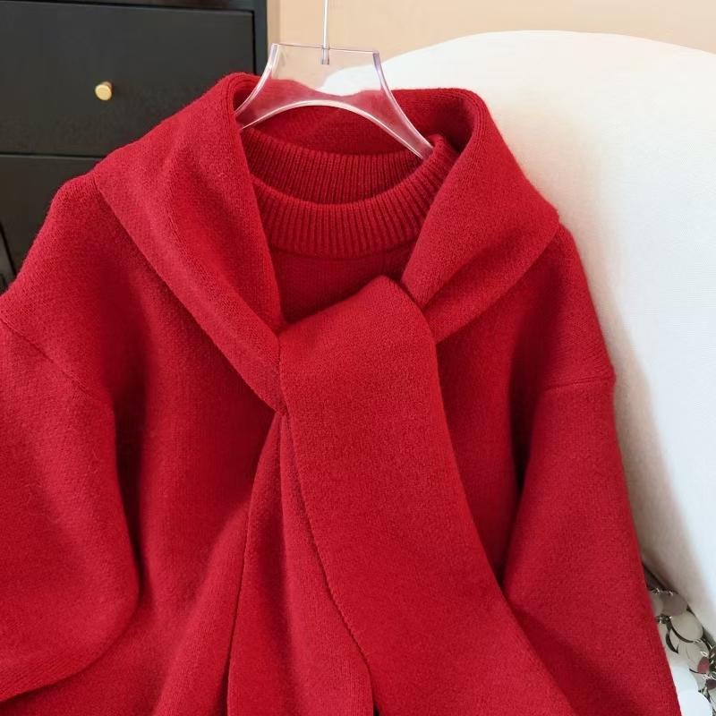 Red winter scarves loose sweater for women