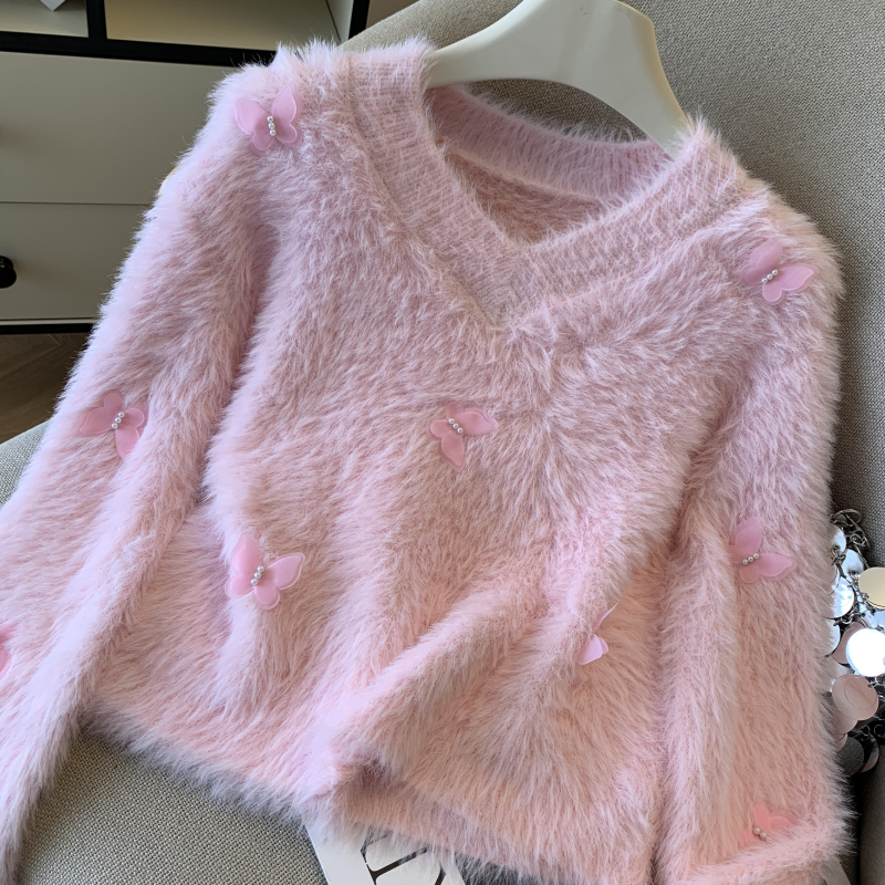 Mink velvet elmo tops slim knitted sweater for women