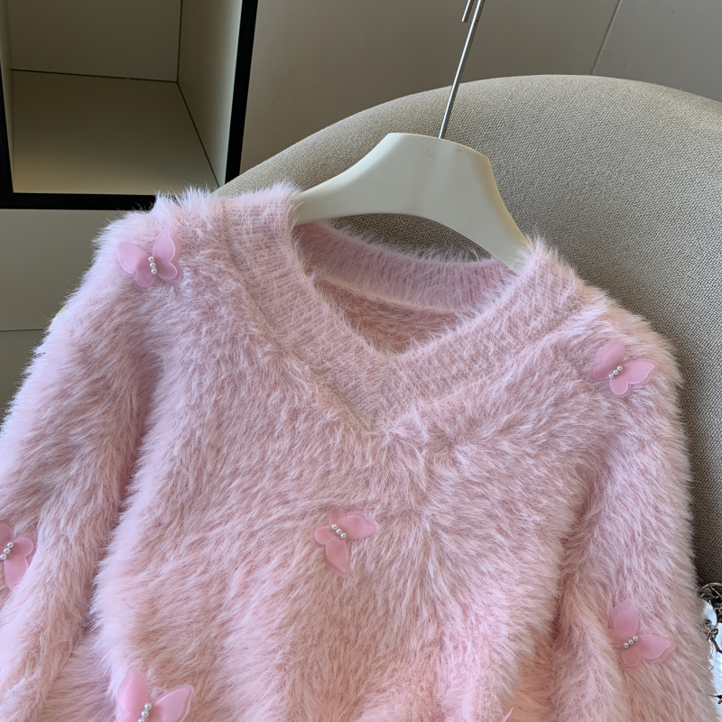 Mink velvet elmo tops slim knitted sweater for women