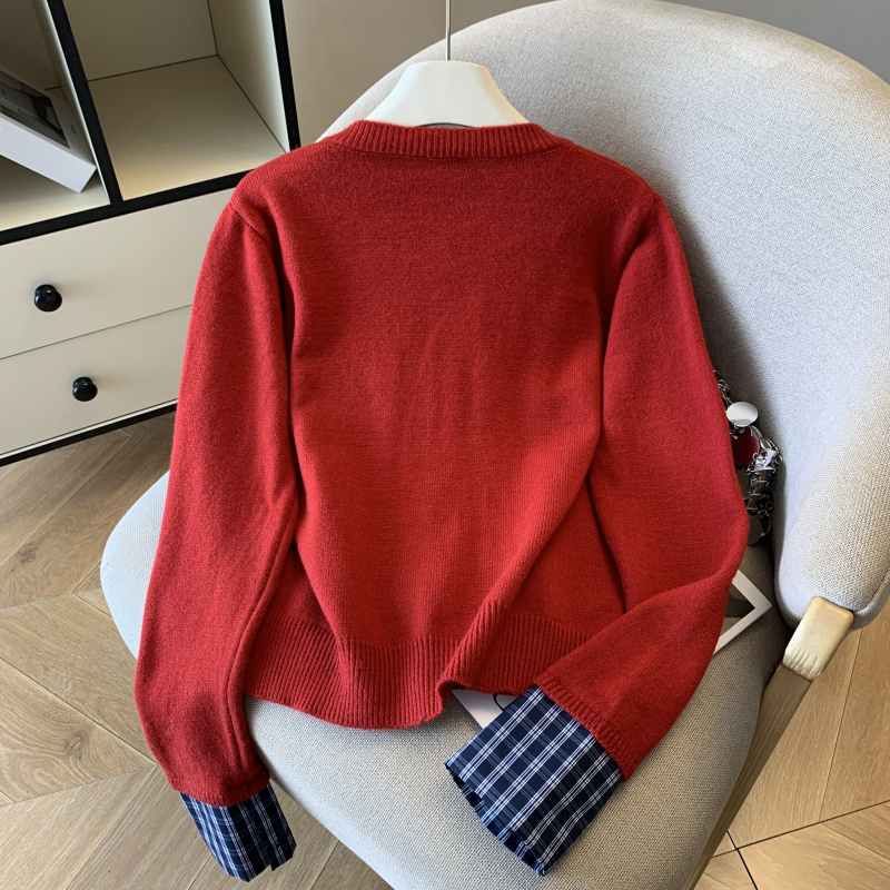 Autumn and winter knitted coat plaid short sweater