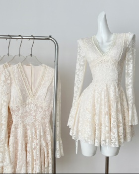 Long sleeve France style T-back temperament A-line dress