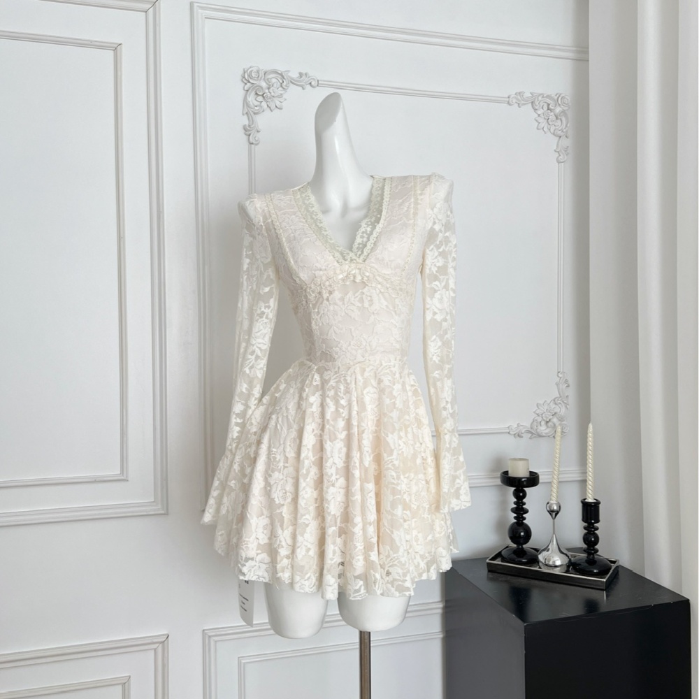 Long sleeve France style T-back temperament A-line dress