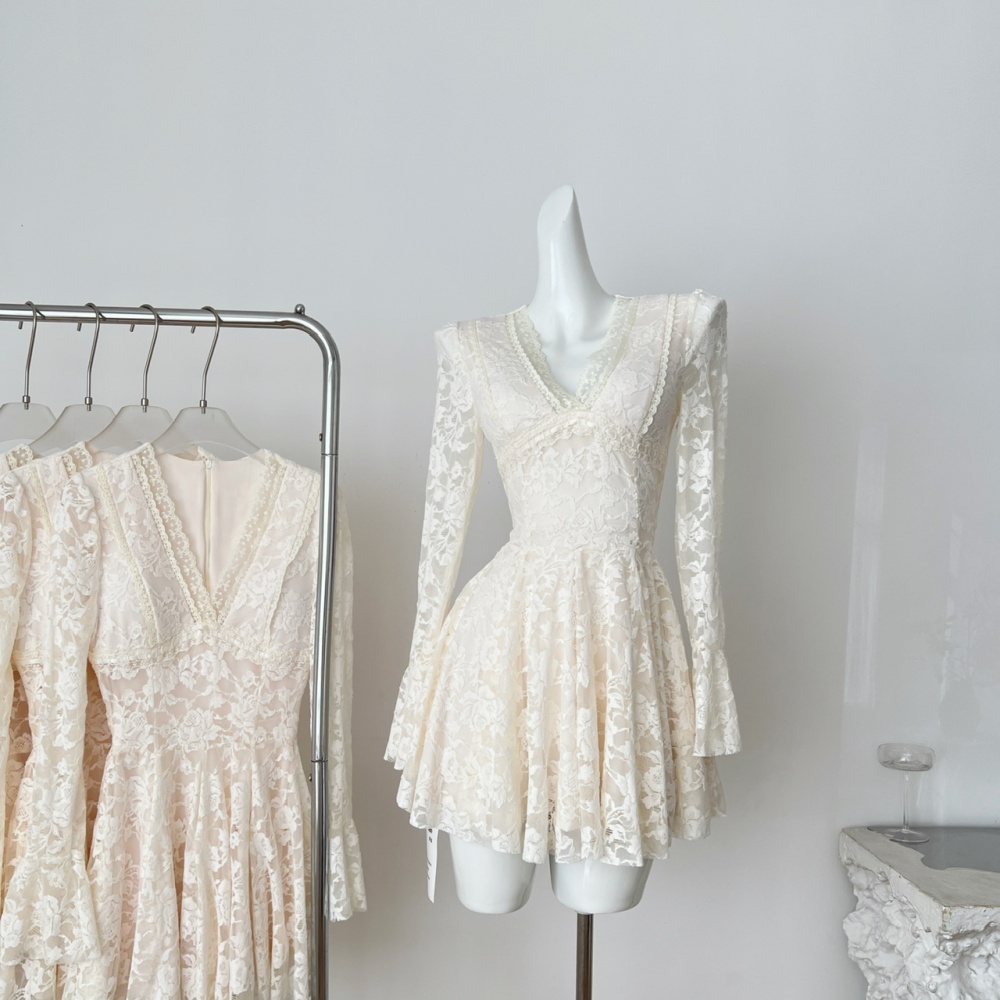 Long sleeve France style T-back temperament A-line dress