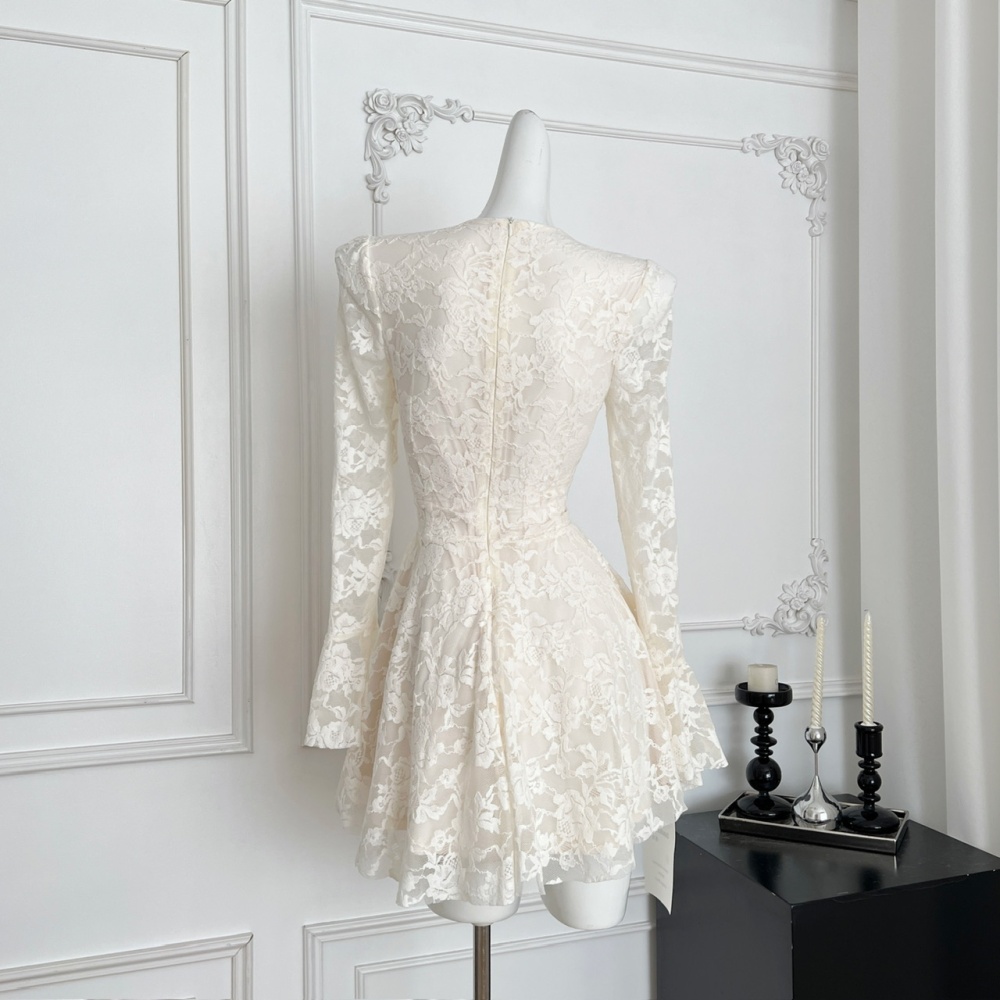 Long sleeve France style T-back temperament A-line dress