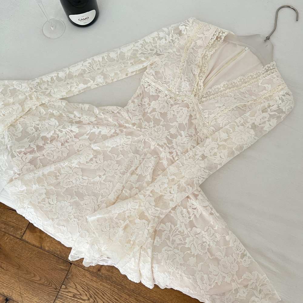 Long sleeve France style T-back temperament A-line dress