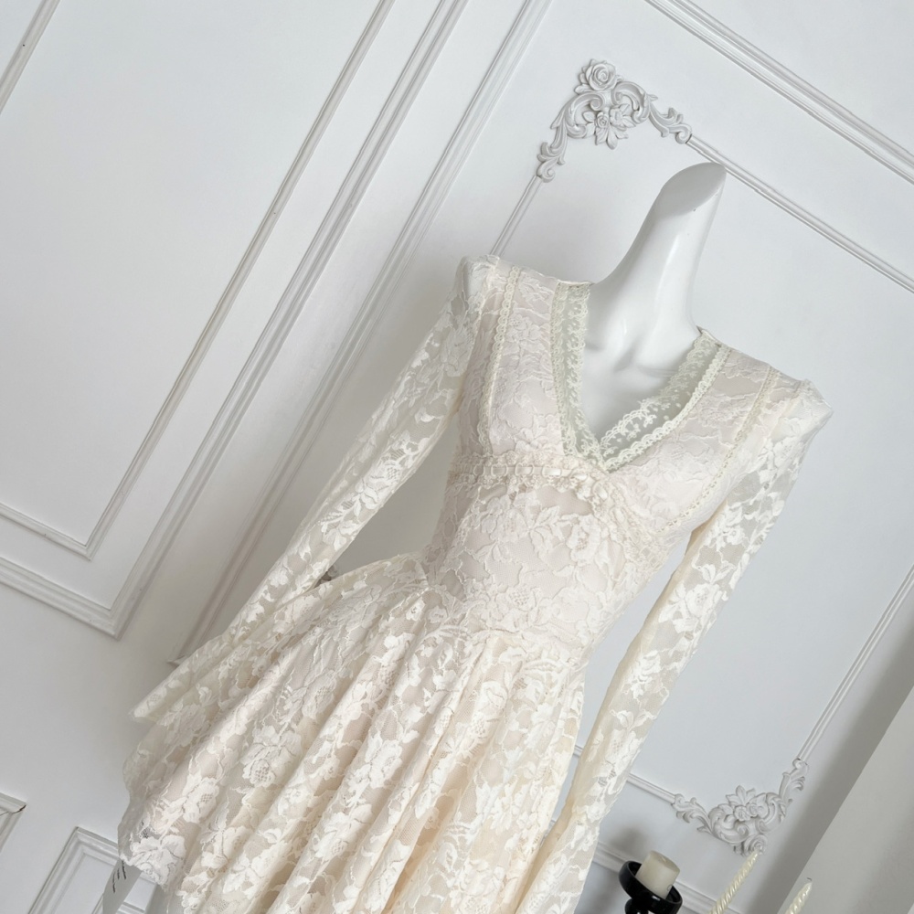 Long sleeve France style T-back temperament A-line dress