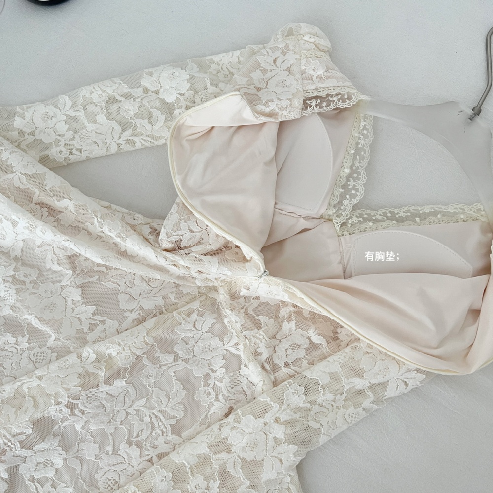 Long sleeve France style T-back temperament A-line dress