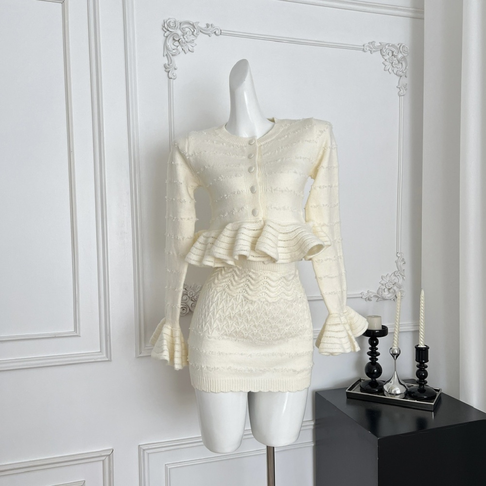 Tender flowers sweater Korean style hollow skirt 2pcs set