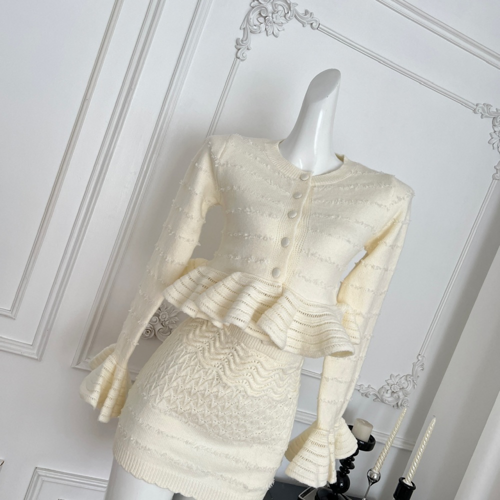 Tender flowers sweater Korean style hollow skirt 2pcs set