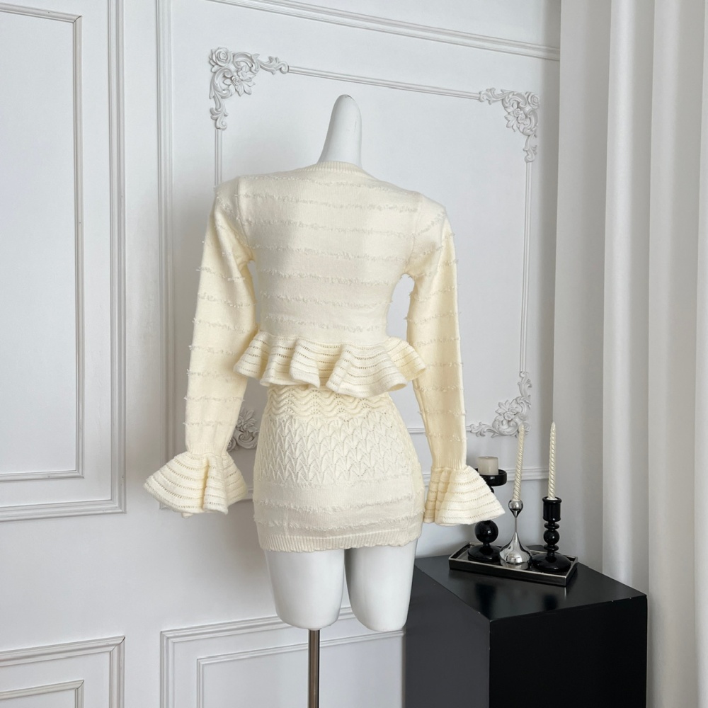 Tender flowers sweater Korean style hollow skirt 2pcs set