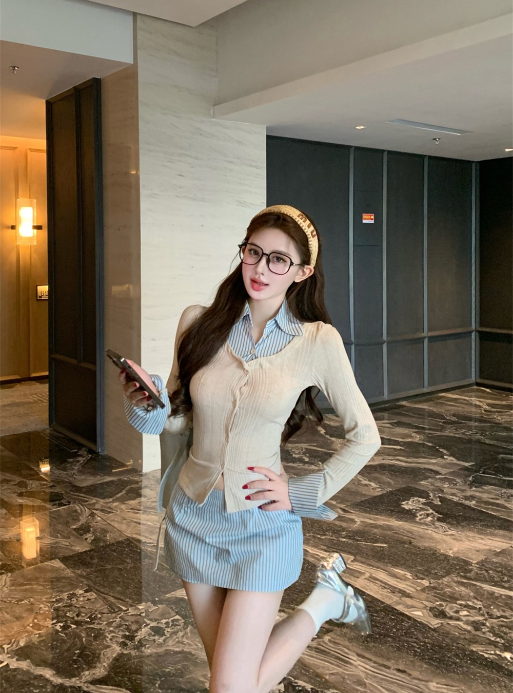 Pseudo-two shirt collocation stripe skirt a set for women