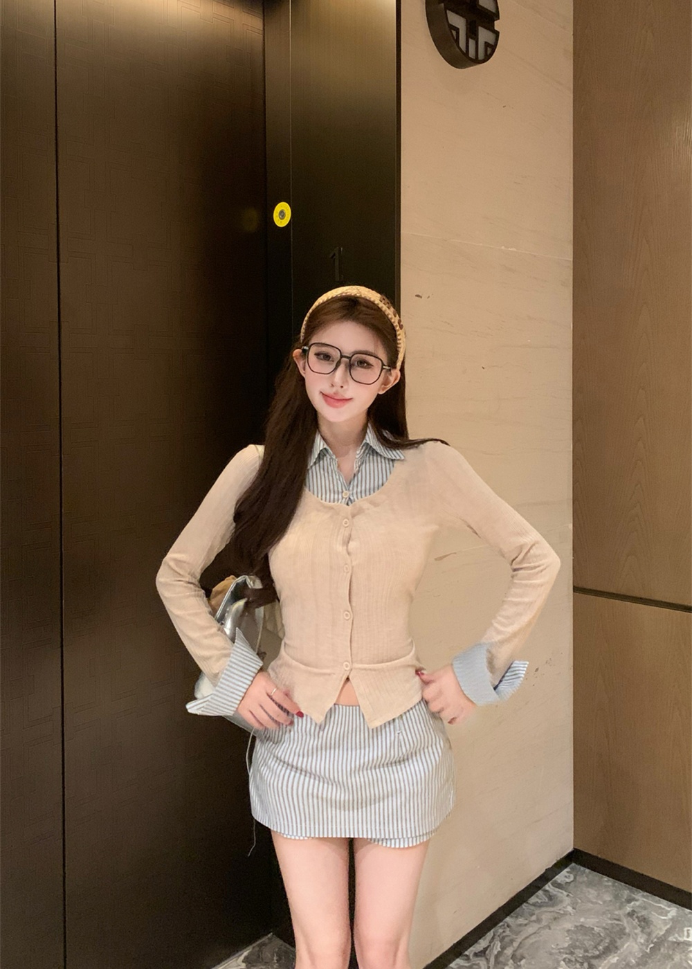 Pseudo-two shirt collocation stripe skirt a set for women