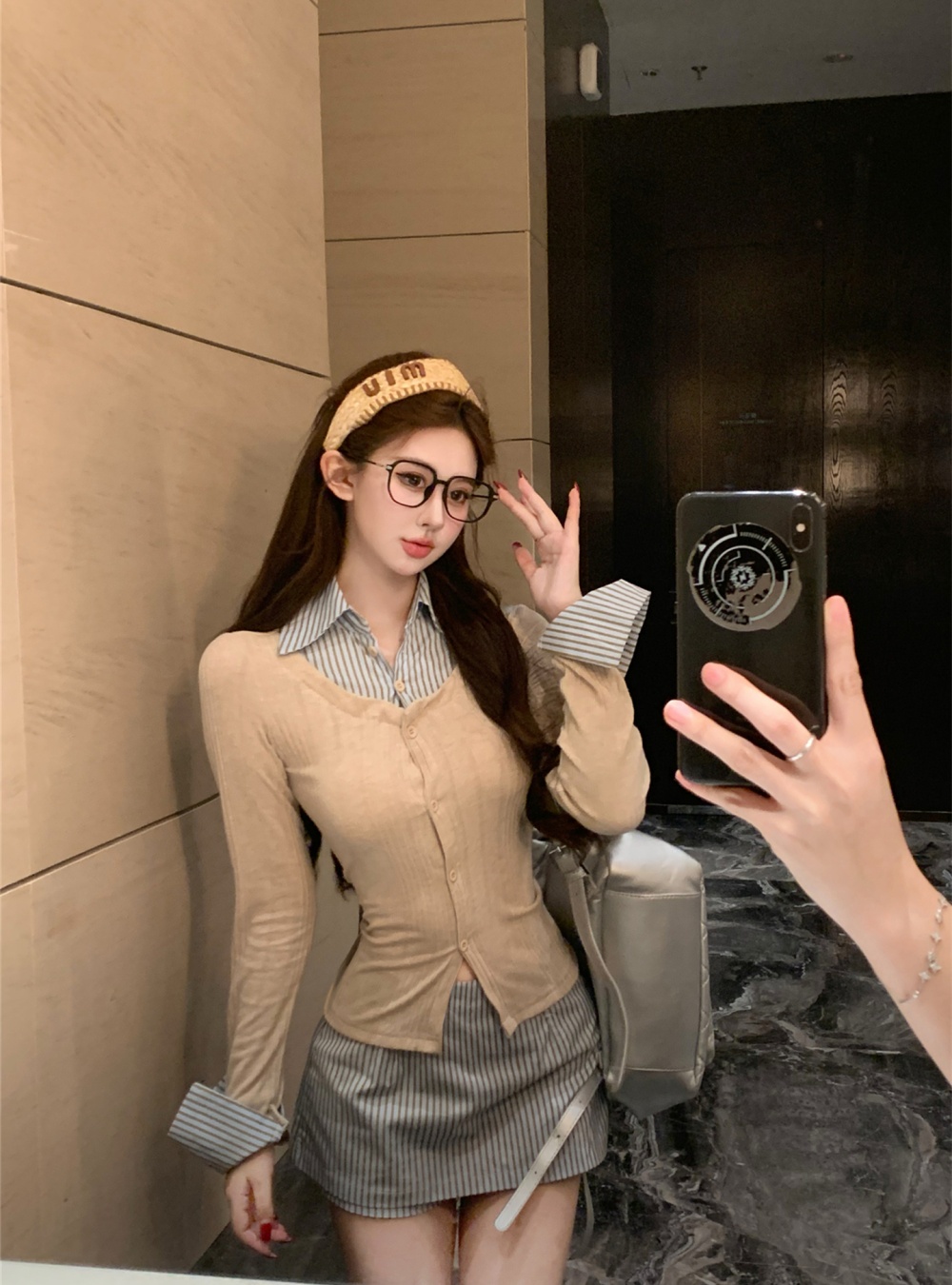 Pseudo-two shirt collocation stripe skirt a set for women