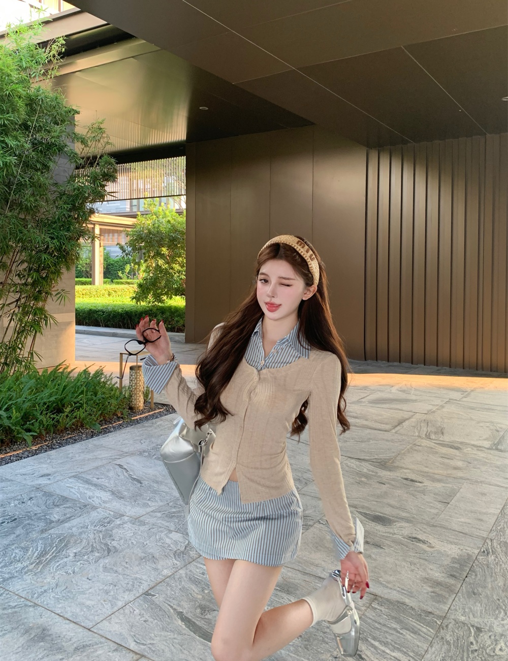 Pseudo-two shirt collocation stripe skirt a set for women