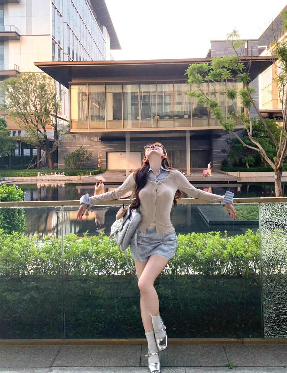 Pseudo-two shirt collocation stripe skirt a set for women