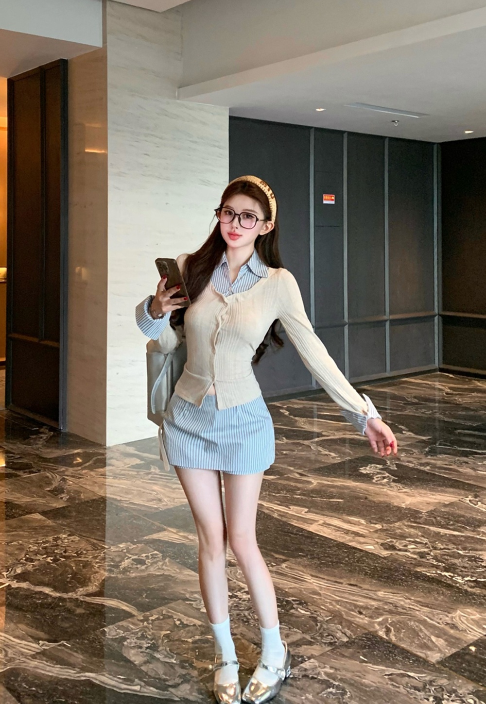 Pseudo-two shirt collocation stripe skirt a set for women