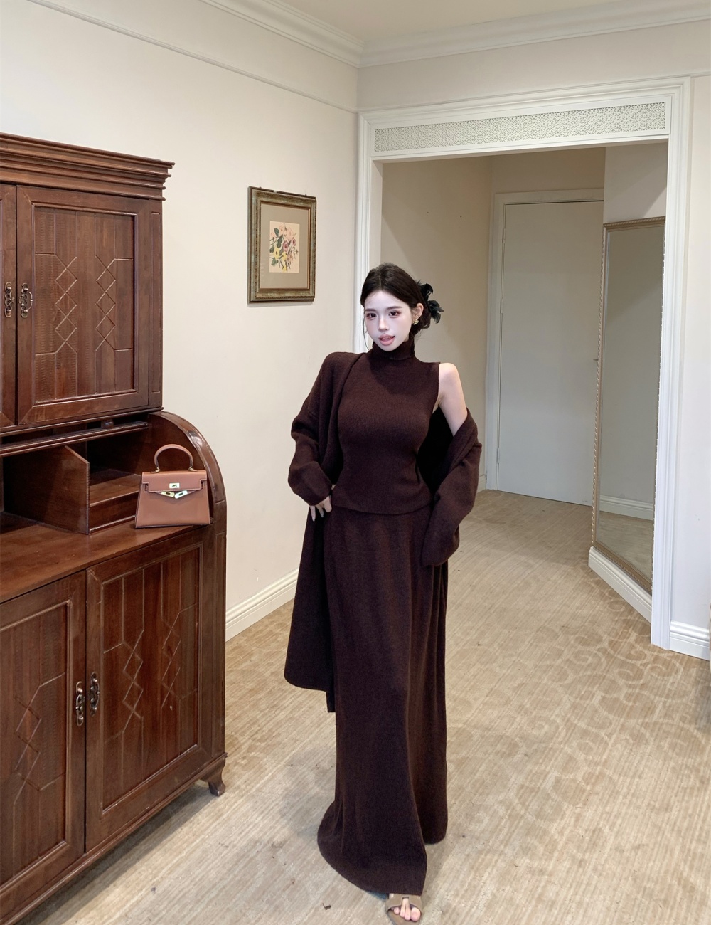 Tender autumn and winter short skirt wool knitted vest 3pcs set