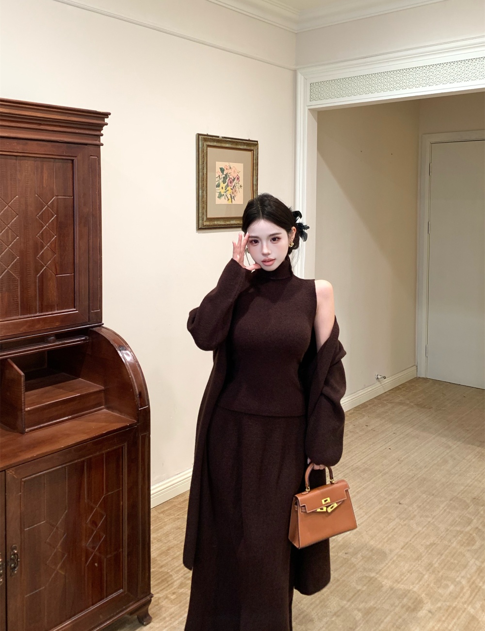 Tender autumn and winter short skirt wool knitted vest 3pcs set