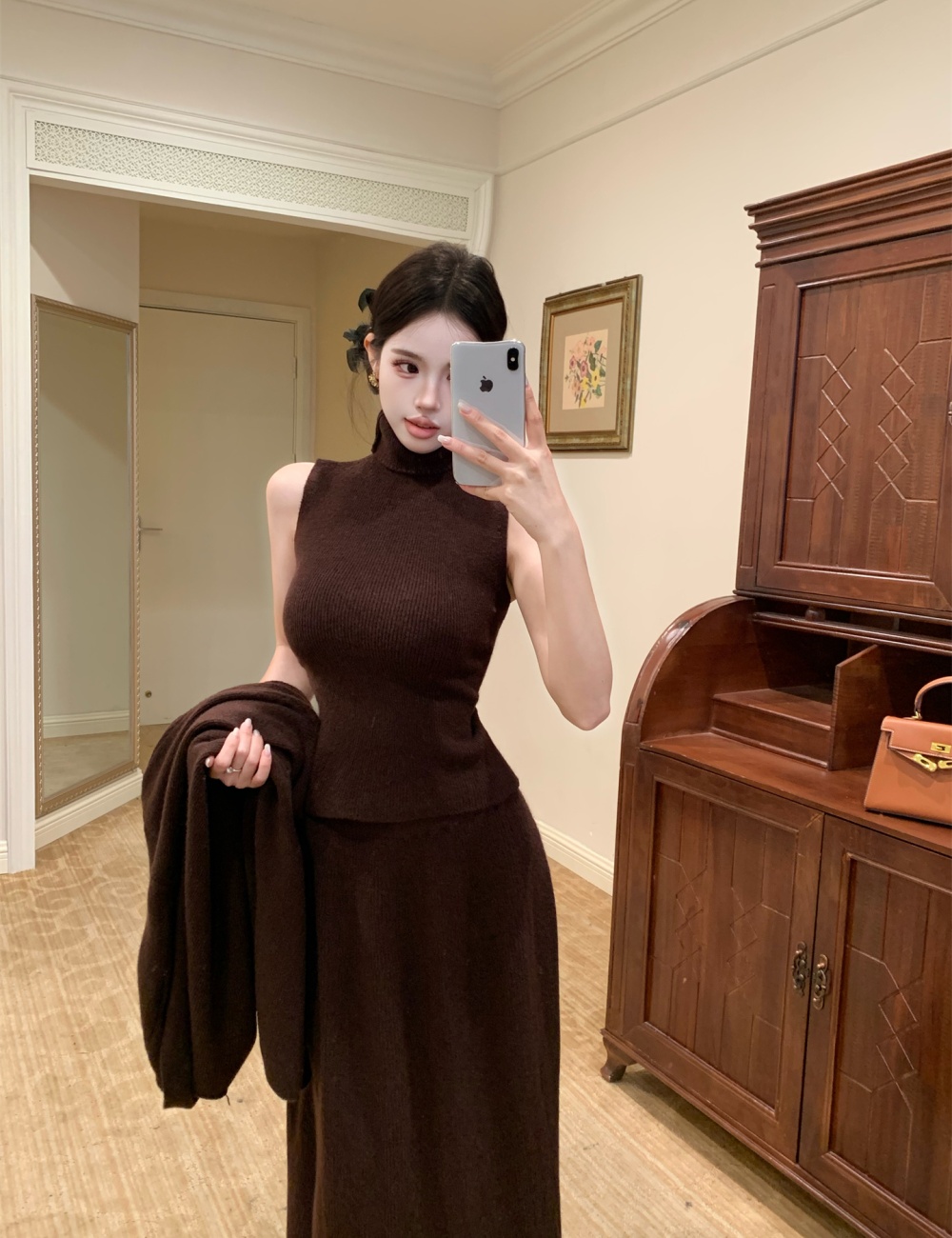 Tender autumn and winter short skirt wool knitted vest 3pcs set