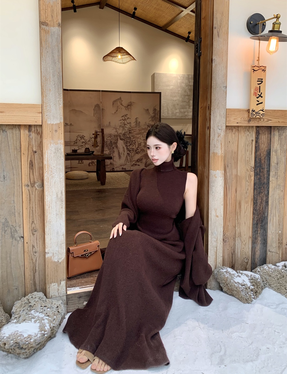 Tender autumn and winter short skirt wool knitted vest 3pcs set