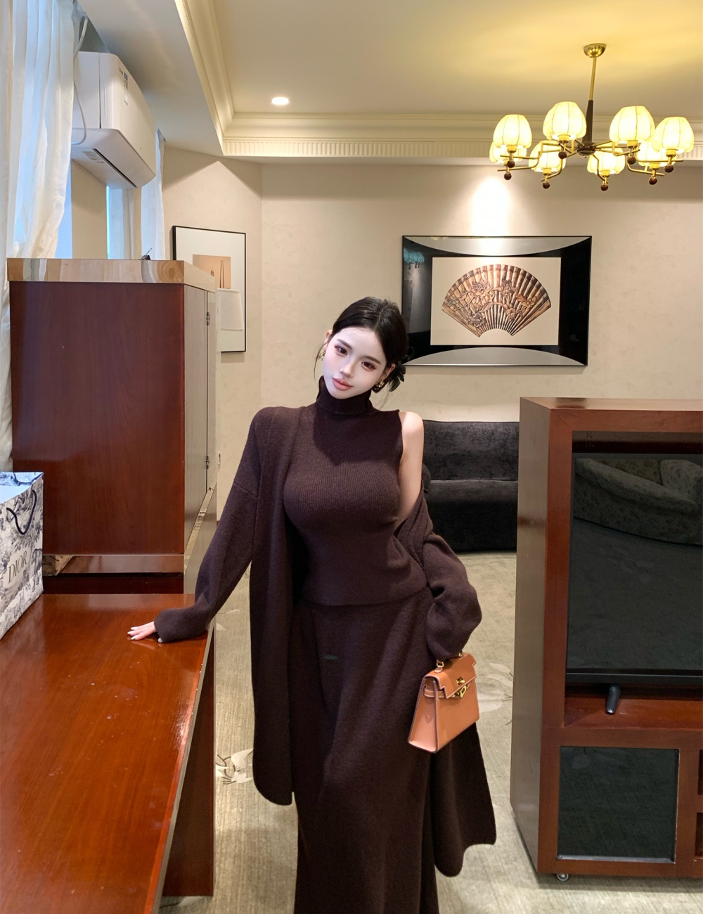 Tender autumn and winter short skirt wool knitted vest 3pcs set