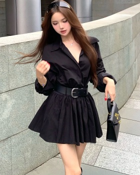 With belt autumn and winter dress slim Korean style shirt
