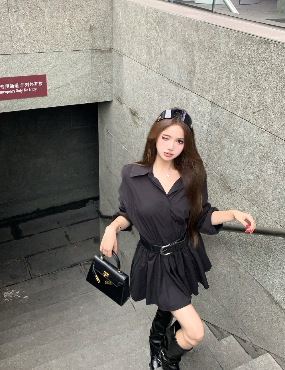 With belt autumn and winter dress slim Korean style shirt
