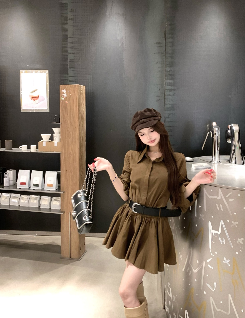 With belt autumn and winter dress slim Korean style shirt