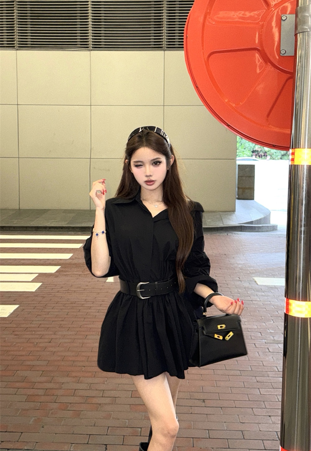 With belt autumn and winter dress slim Korean style shirt