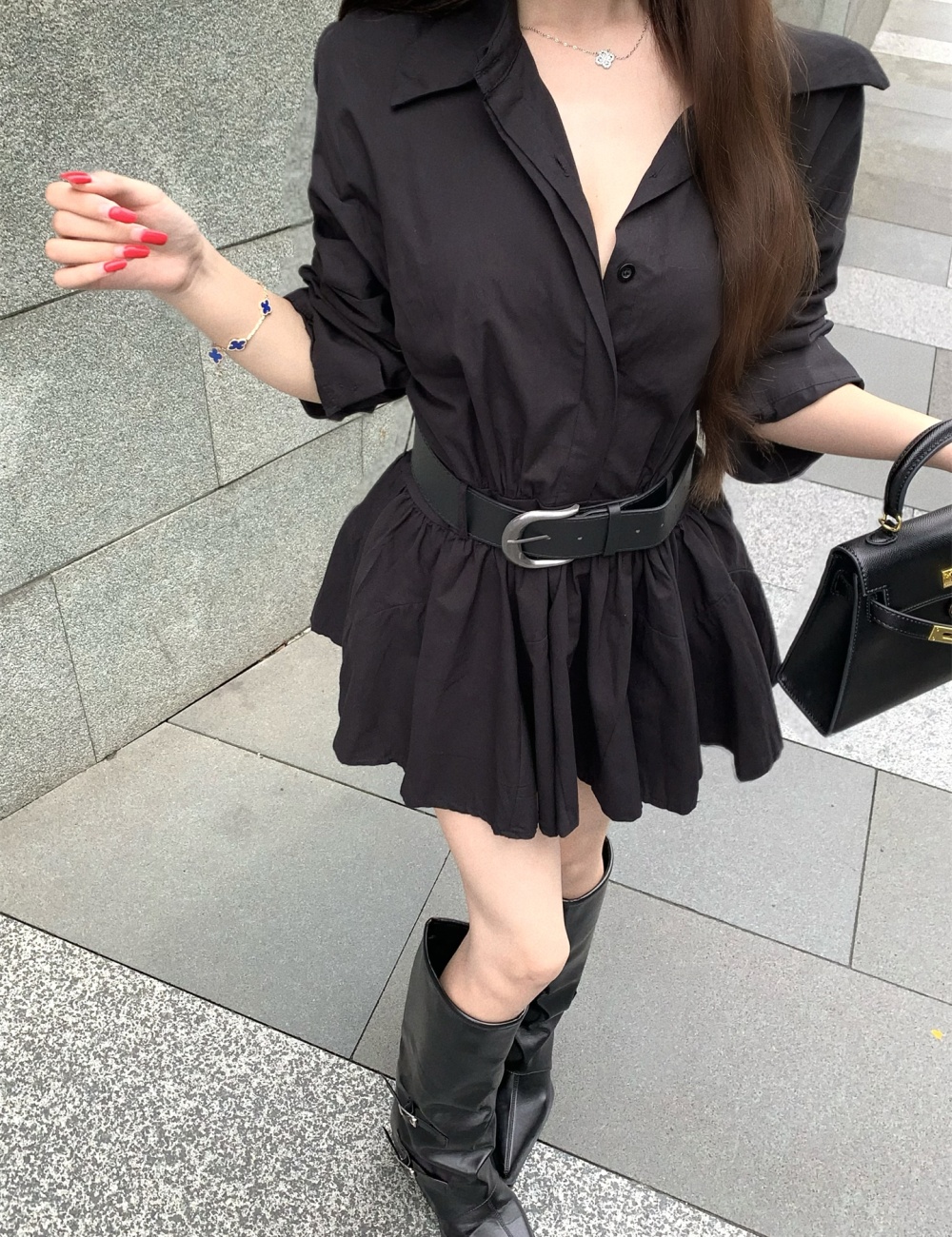 With belt autumn and winter dress slim Korean style shirt