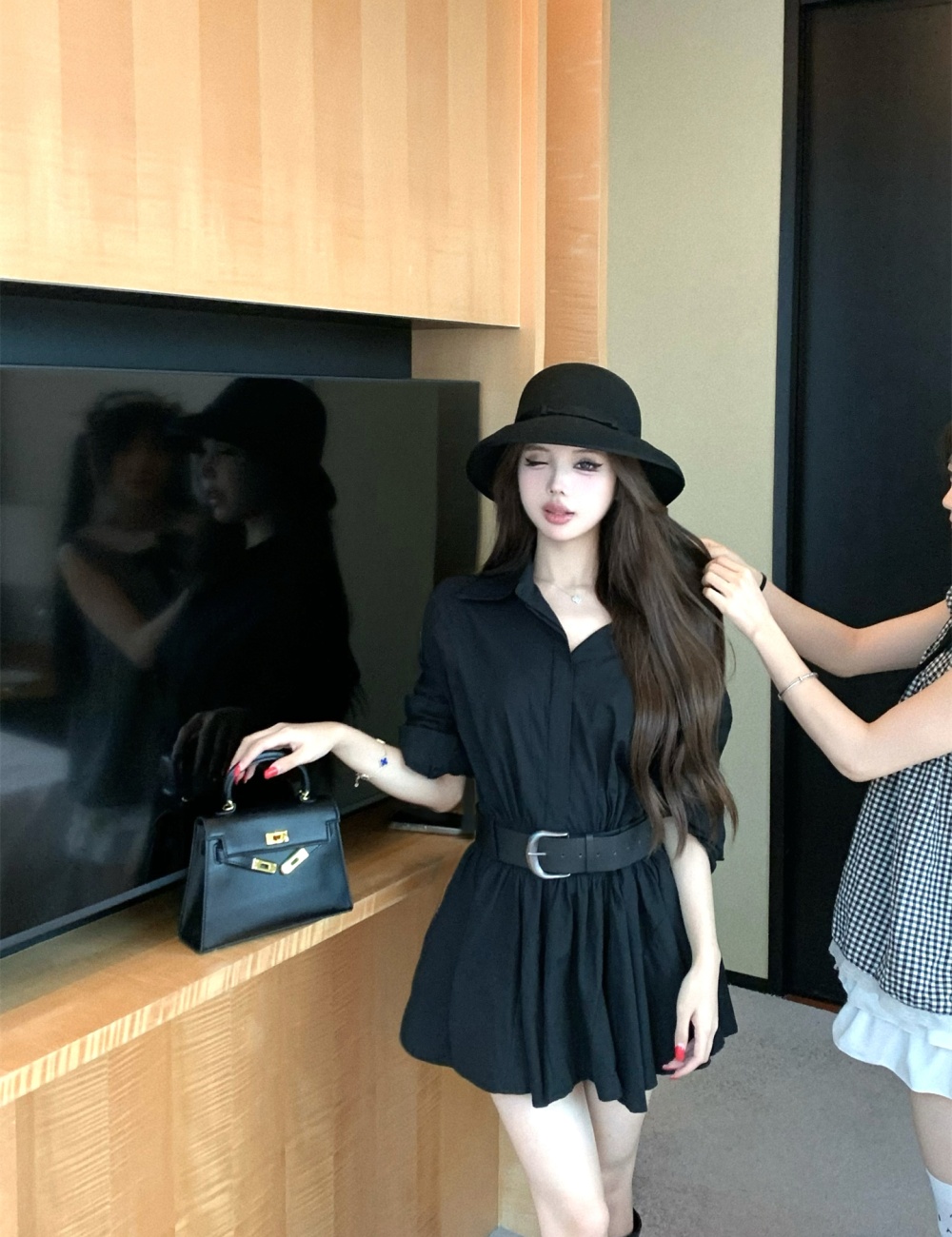 With belt autumn and winter dress slim Korean style shirt