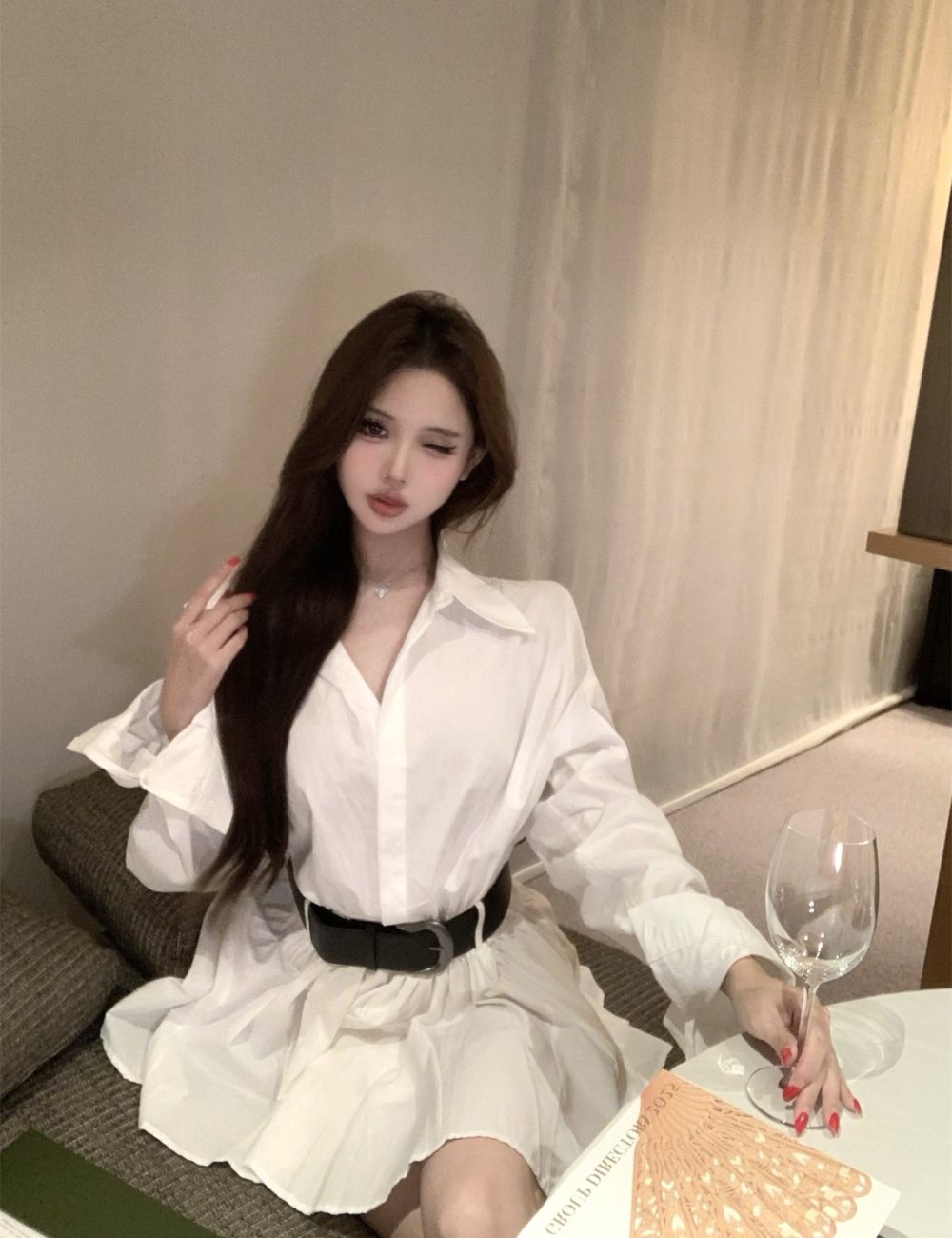 With belt autumn and winter dress slim Korean style shirt