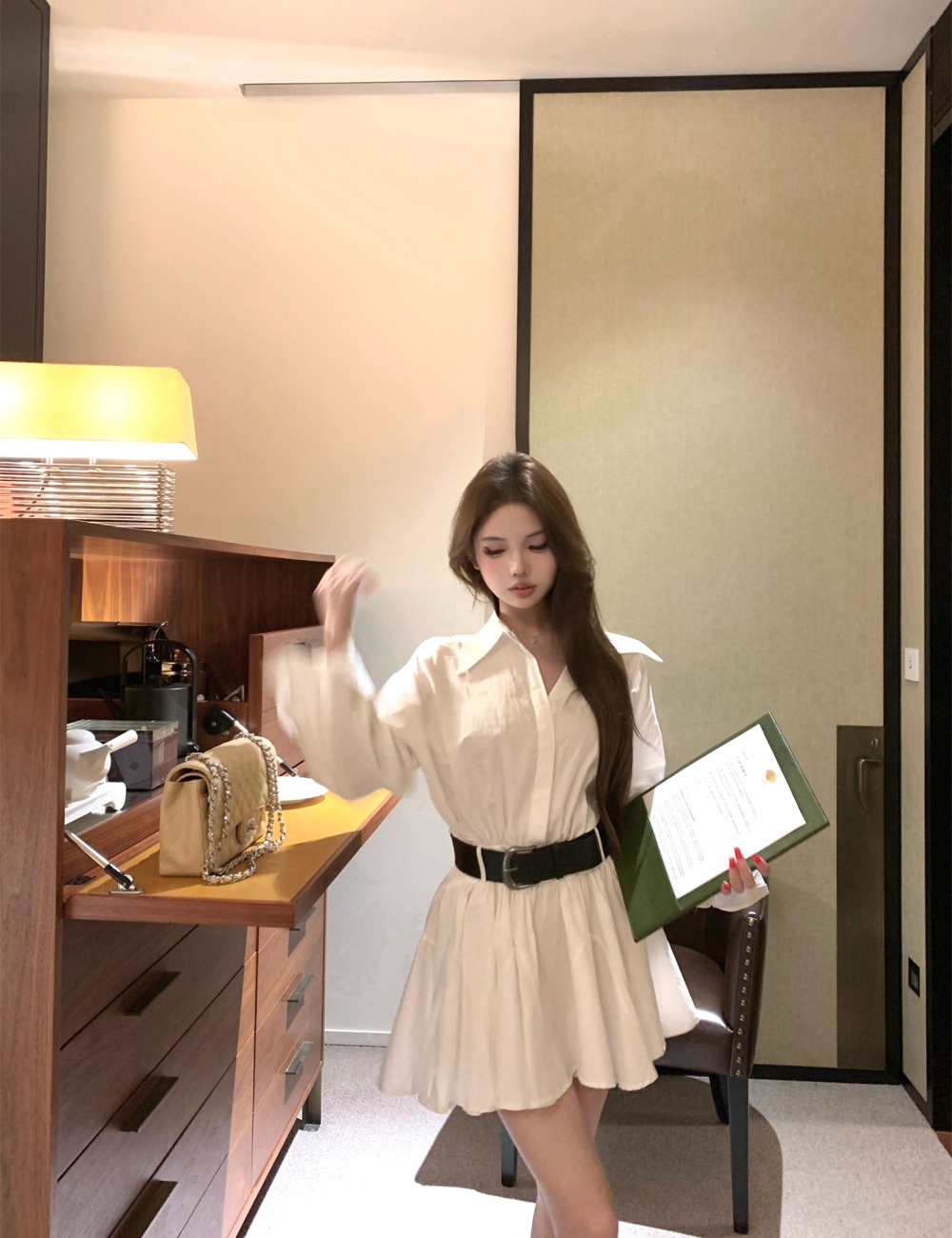 With belt autumn and winter dress slim Korean style shirt
