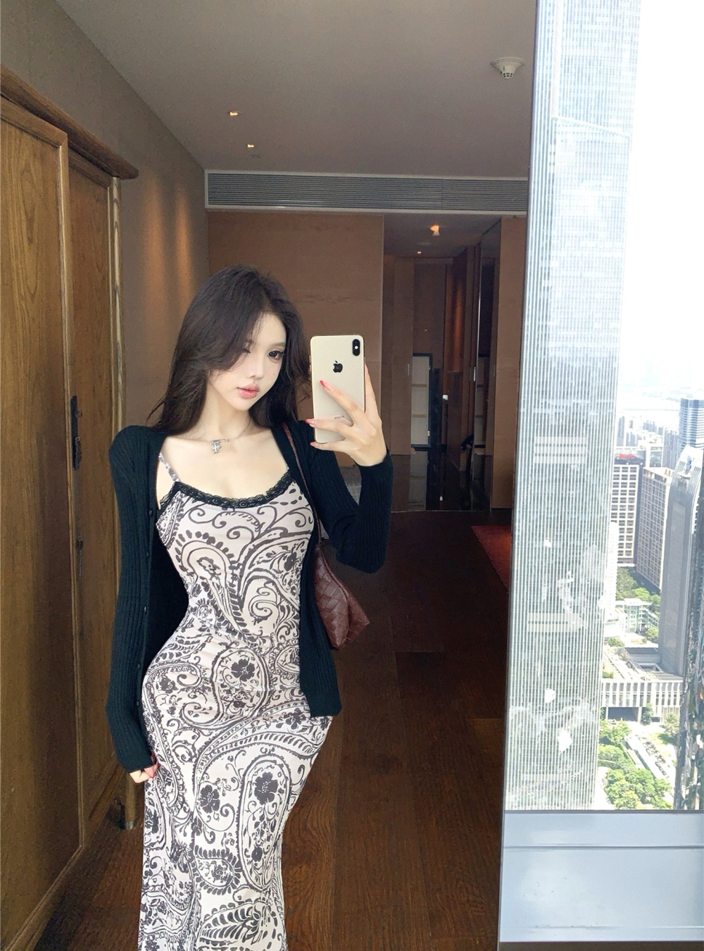 Knitted package hip dress gauze cardigan 2pcs set for women