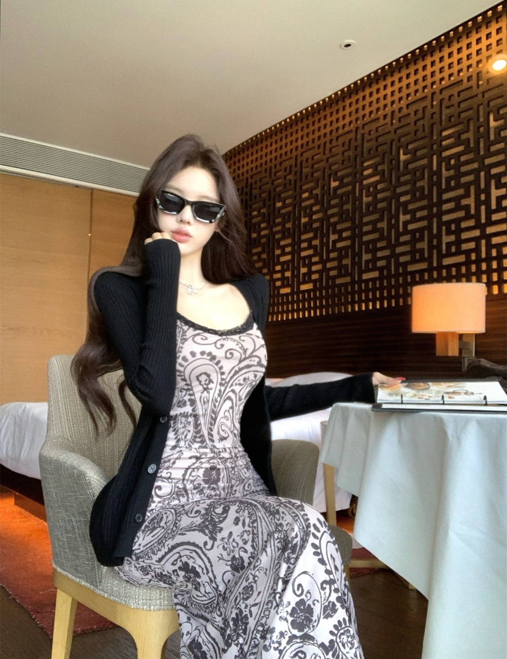 Knitted package hip dress gauze cardigan 2pcs set for women