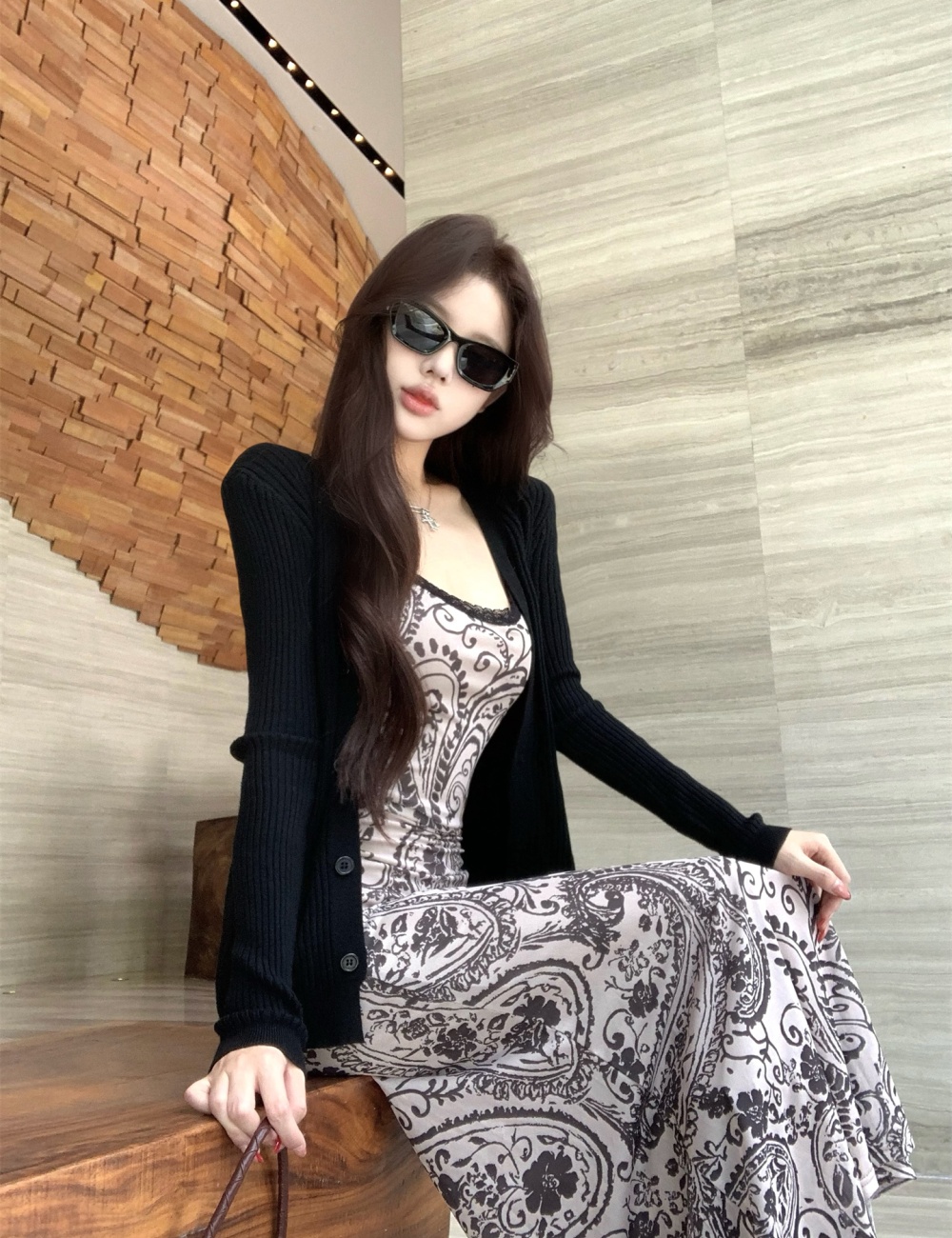 Knitted package hip dress gauze cardigan 2pcs set for women