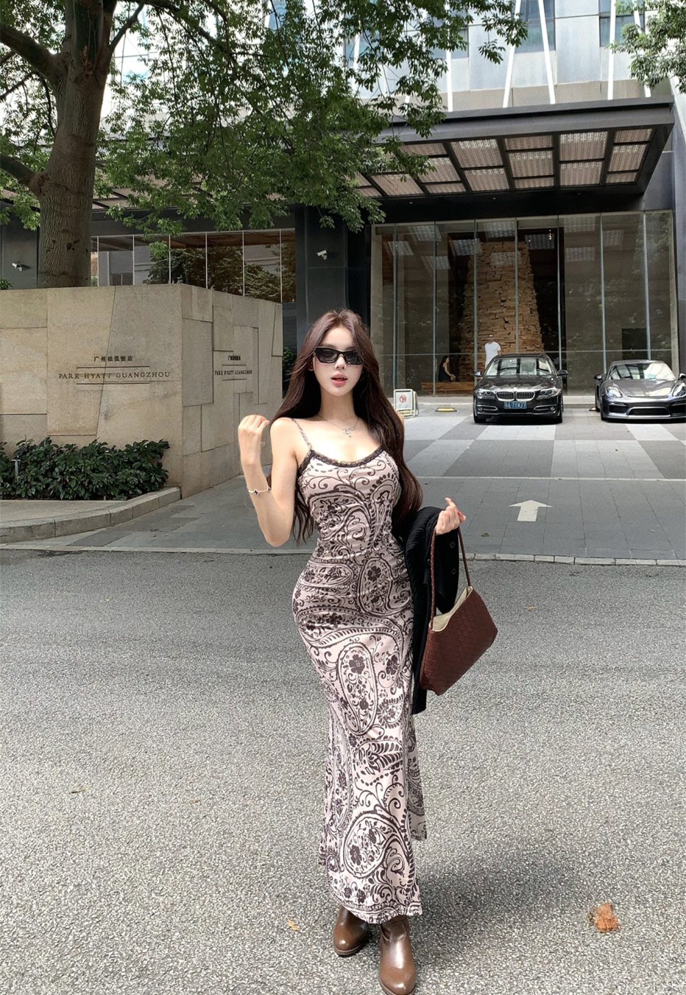 Knitted package hip dress gauze cardigan 2pcs set for women