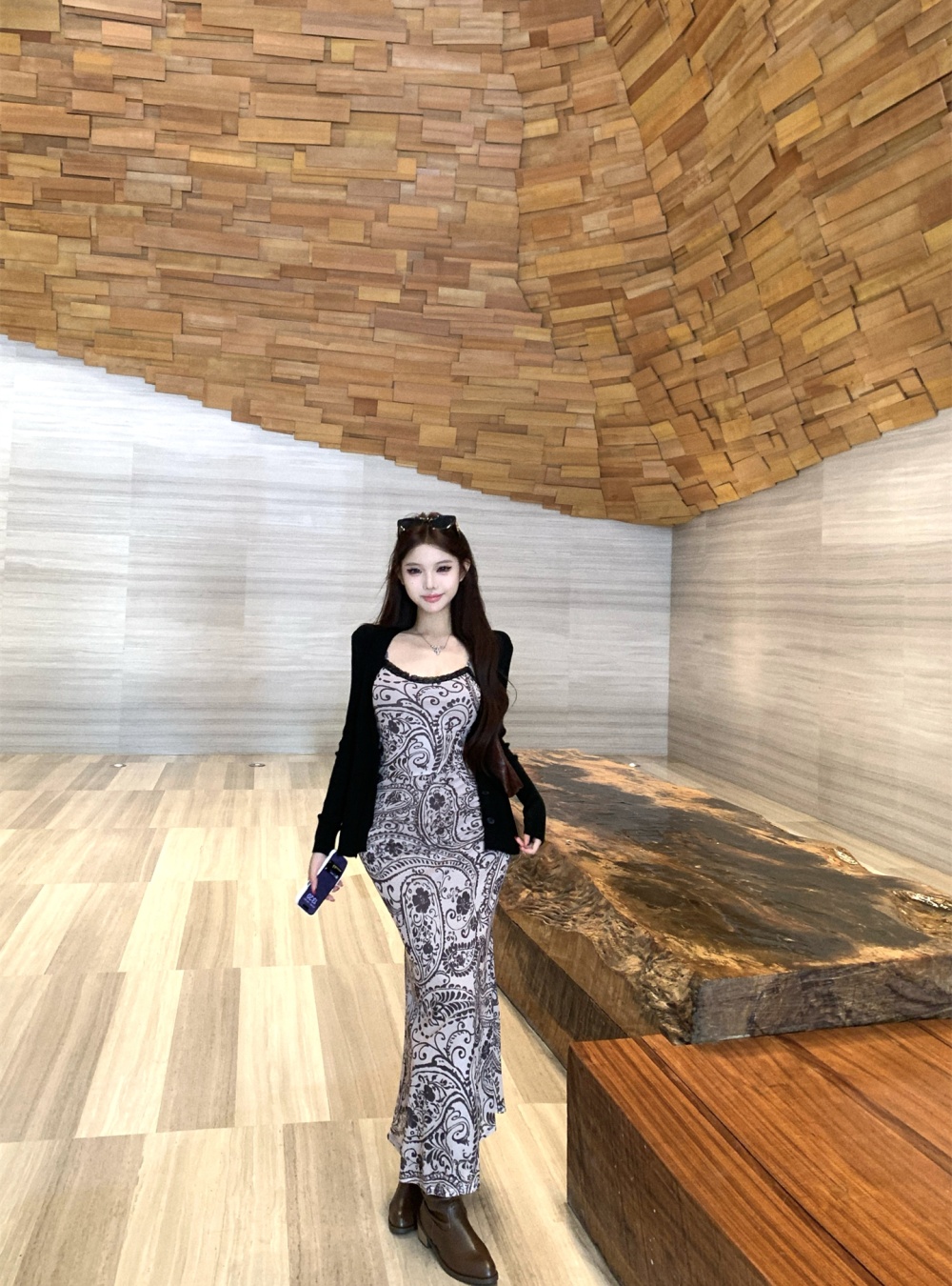 Knitted package hip dress gauze cardigan 2pcs set for women