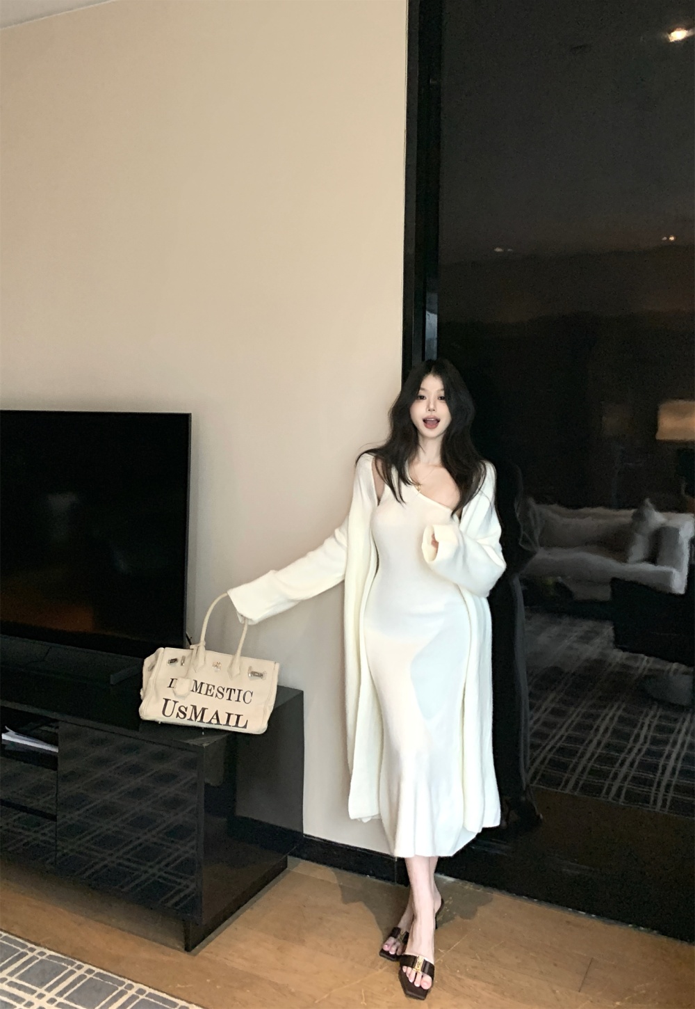 Flanging sweater wrapped chest coat 2pcs set