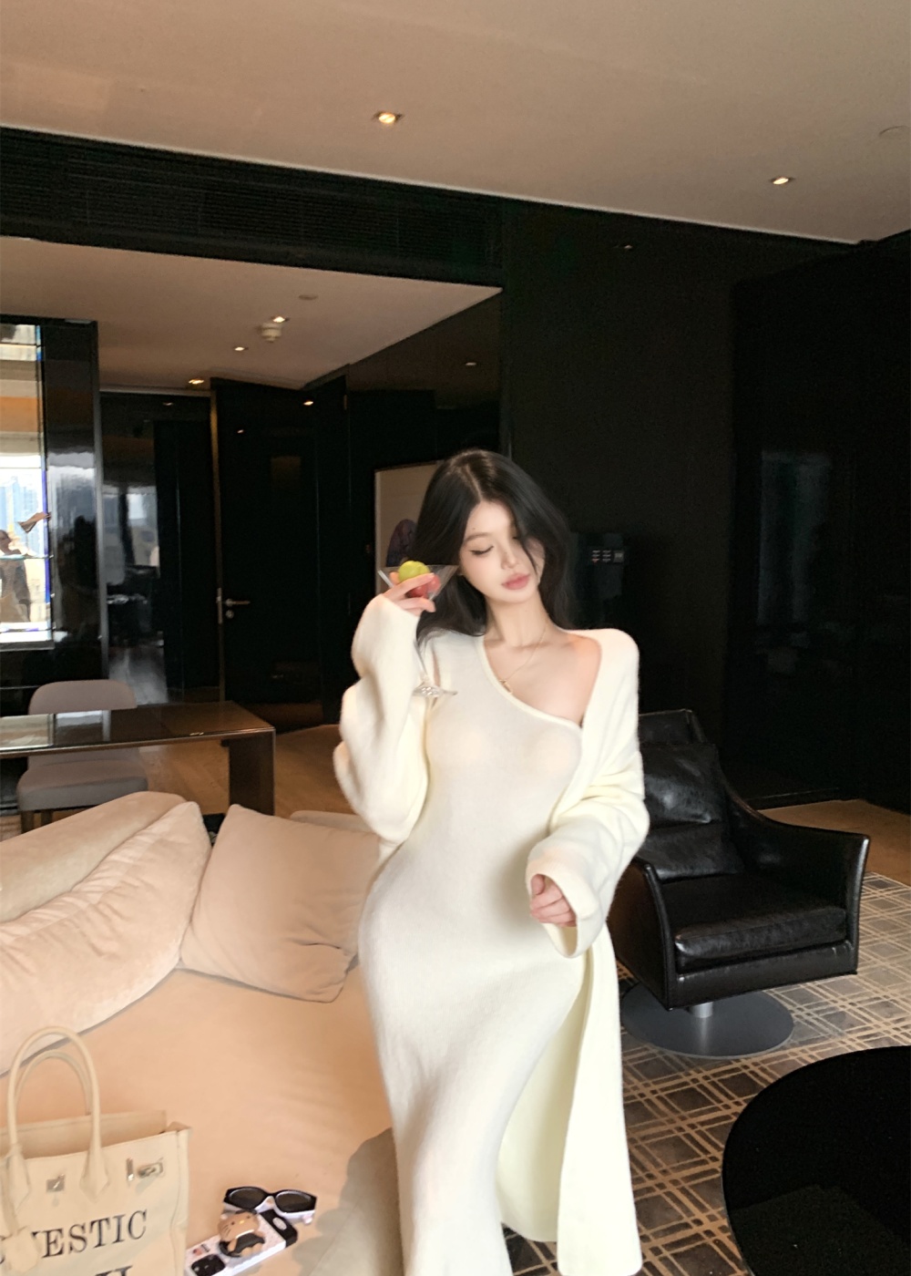 Flanging sweater wrapped chest coat 2pcs set