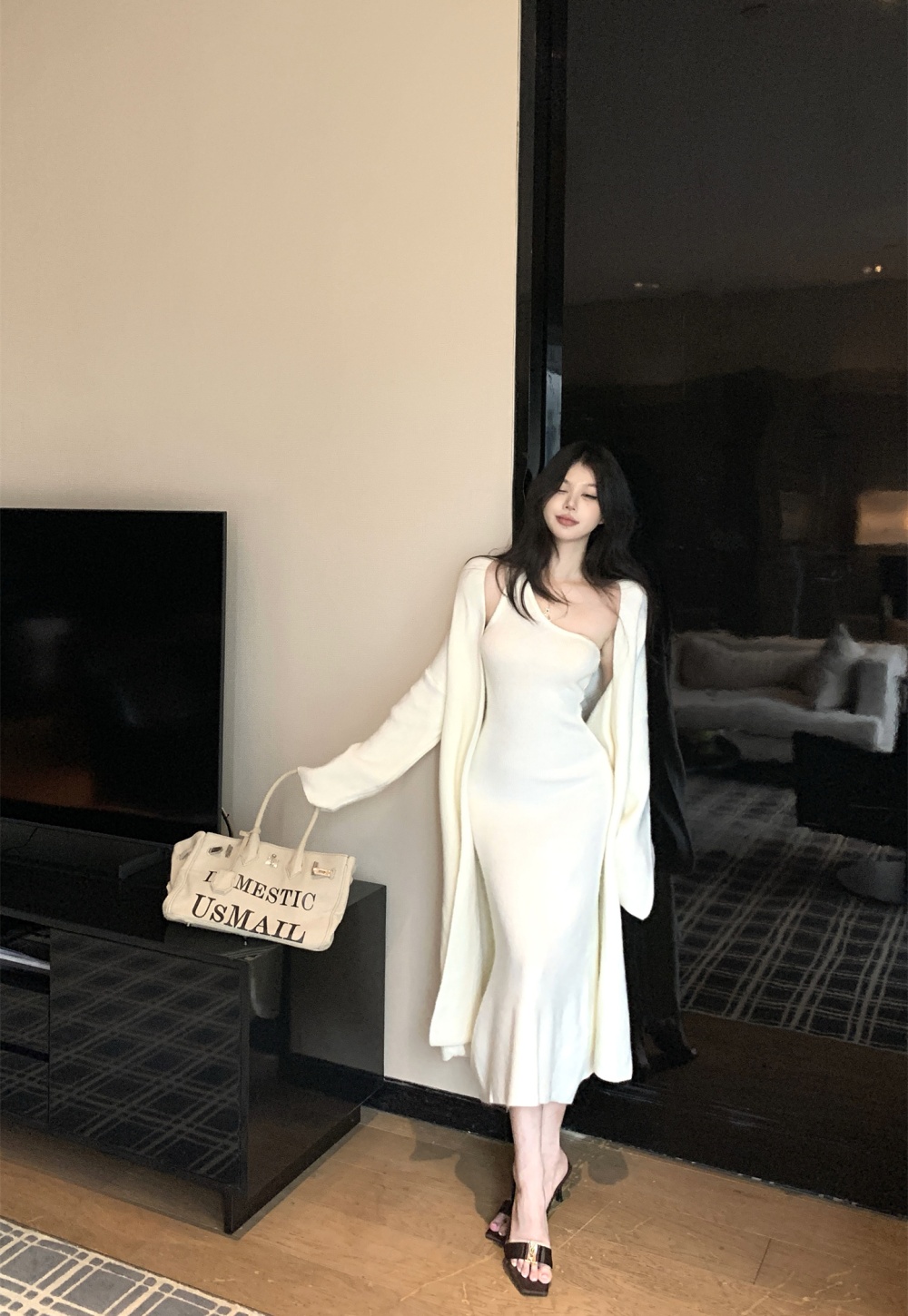 Flanging sweater wrapped chest coat 2pcs set