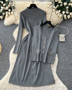 Tassels dress knitted waistcoat 2pcs set for women