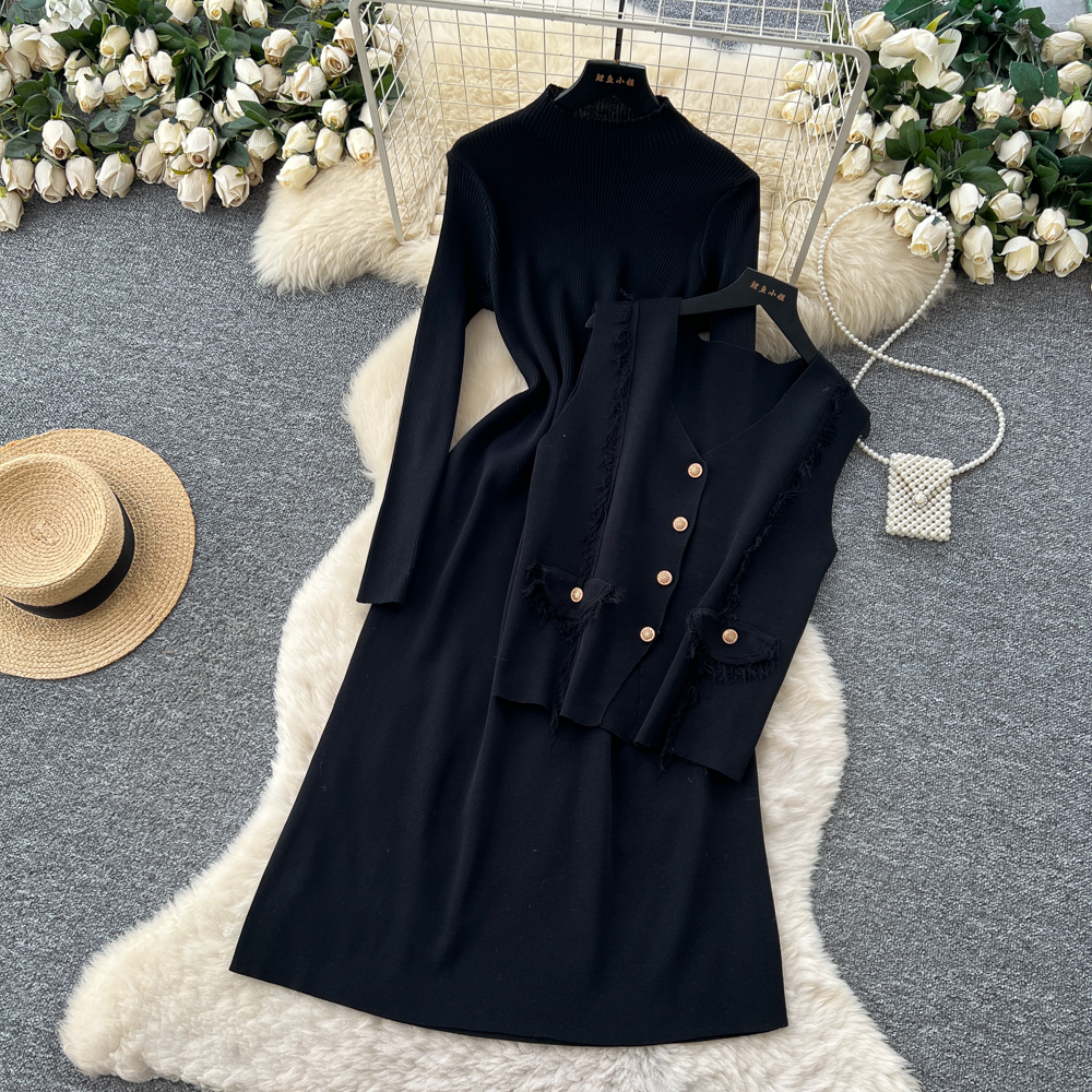 Tassels dress knitted waistcoat 2pcs set for women