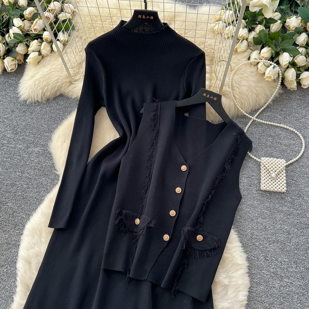 Tassels dress knitted waistcoat 2pcs set for women