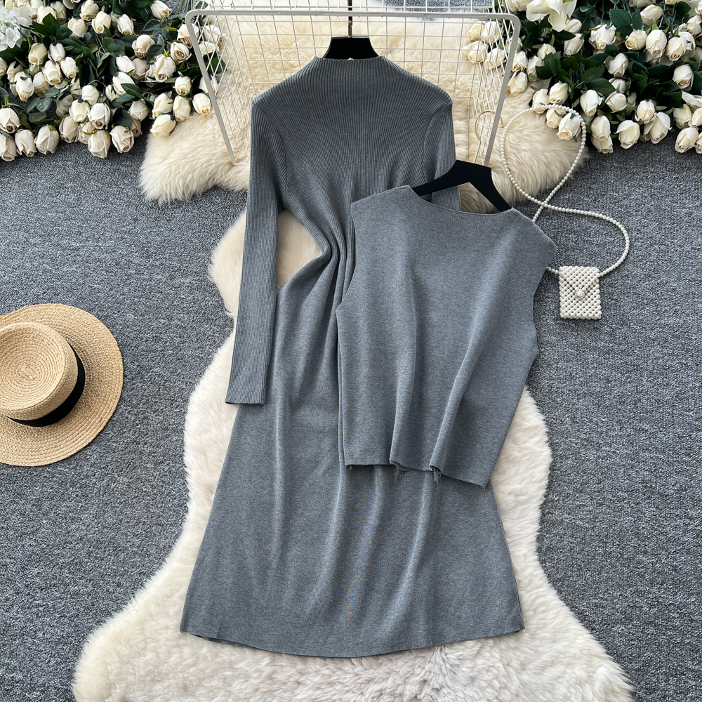 Tassels dress knitted waistcoat 2pcs set for women
