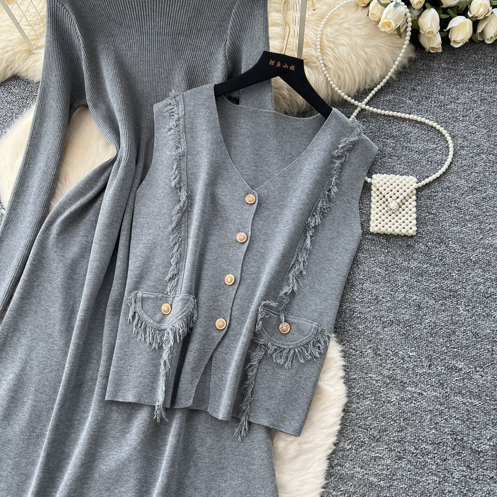 Tassels dress knitted waistcoat 2pcs set for women