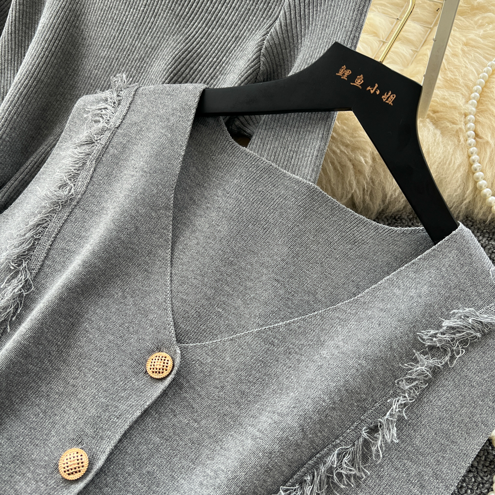 Tassels dress knitted waistcoat 2pcs set for women