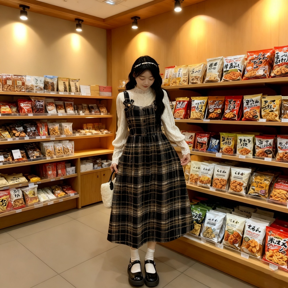 Show young strap dress plaid long dress for women